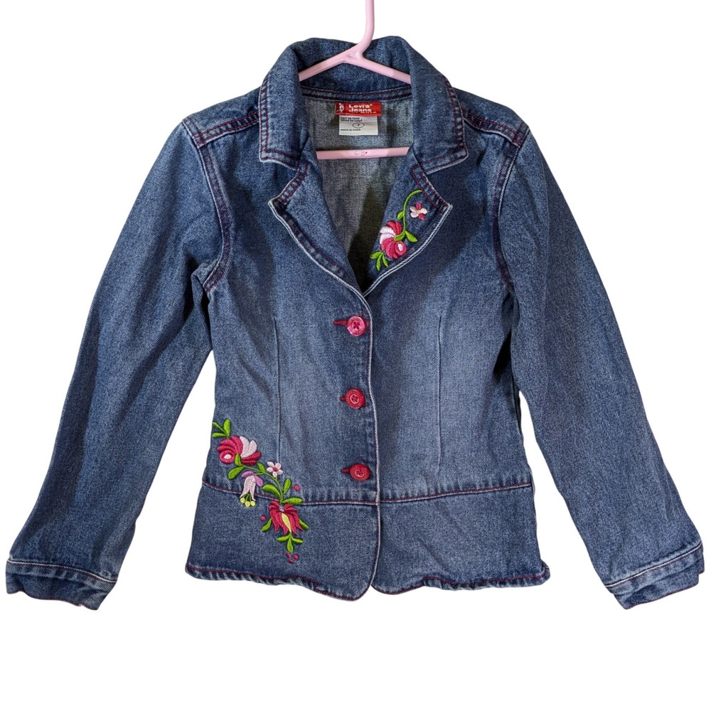 Levi's Y2K Jeans Girls Denim Jacket Floral Embroidered Blazer Blue Size 7 VTG